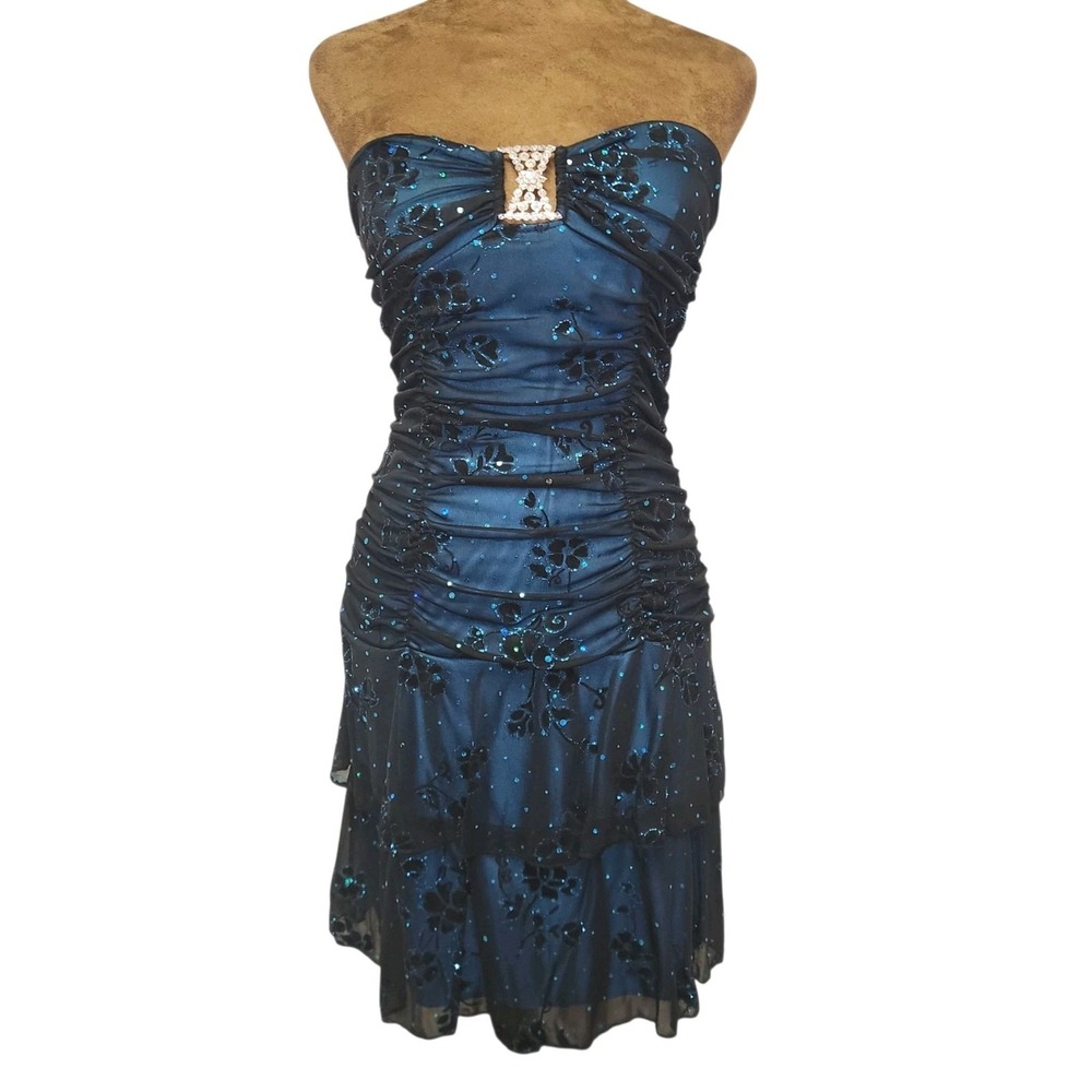 Deb Vintage Y2K Black Turquoise Tiered Ruffle Cocktail Dress XS Dark Floral